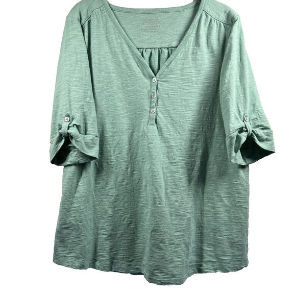 Chico's Women's Ultimate Tee‎ Large Mint Green Roll Tab Short Sleeve Slub Cotton - Picture 3 of 9